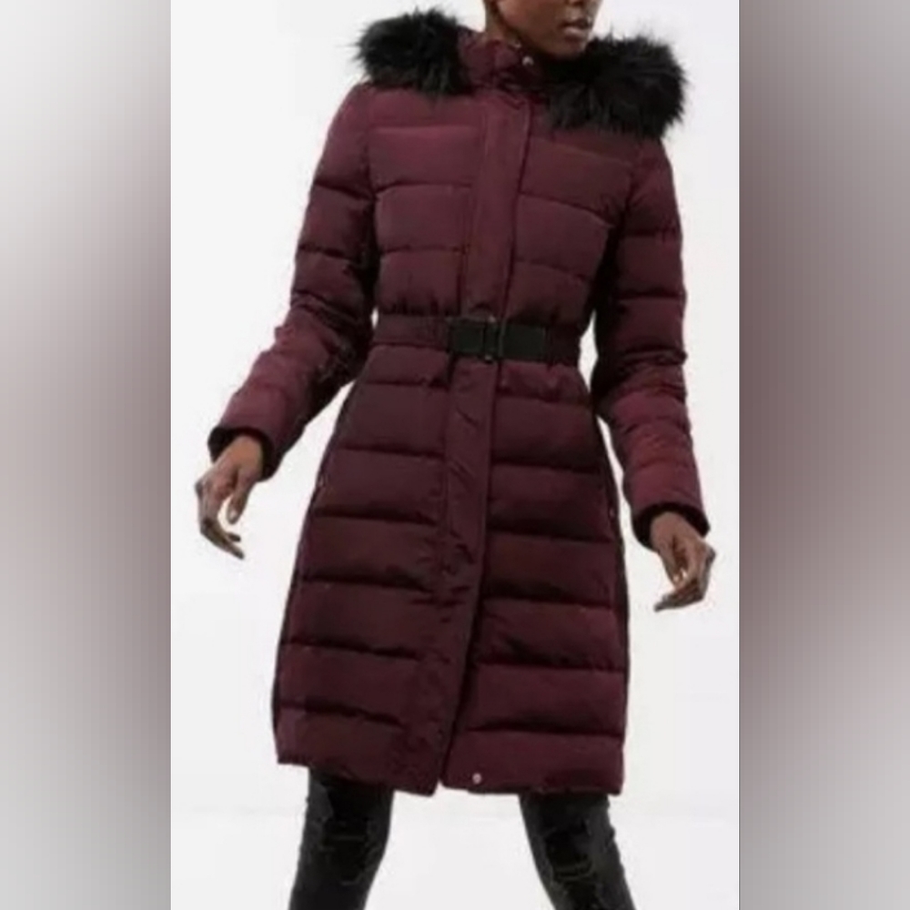 🍁EXPRESS WOMEN'S M LONG PUFFER COAT WINTER JACKET Medium Burgundy Cabernet Hood